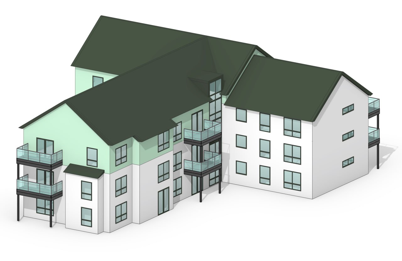 The scheme in OKPW's drawing convention: white is the building that was already there, mint is what we built.