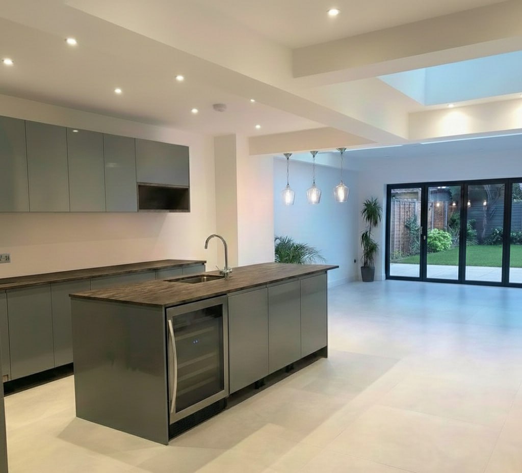 The kitchen island, looking out to the garden doors.