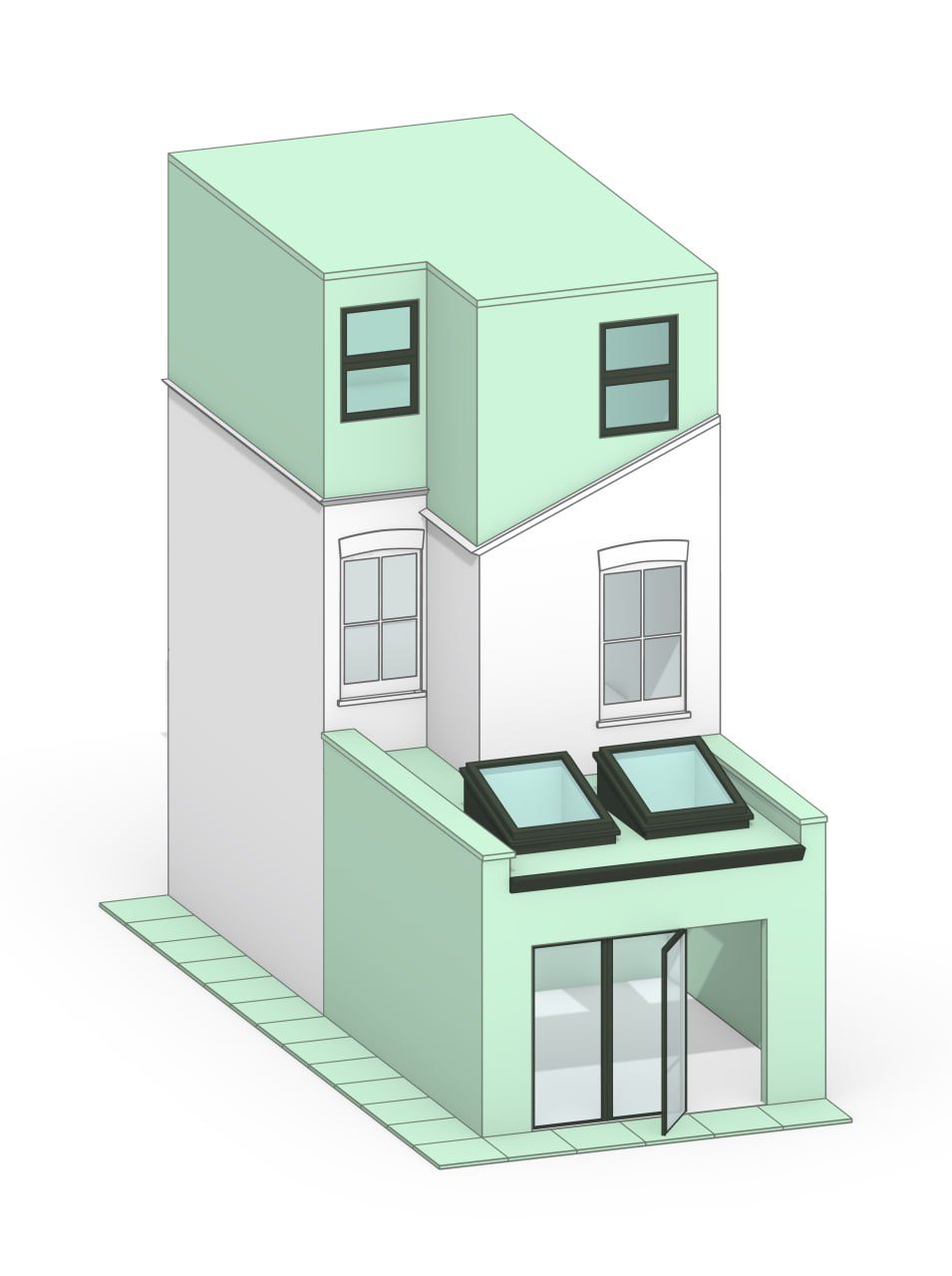 A model of Kings Road: white is the house as it stood, mint is the new work.