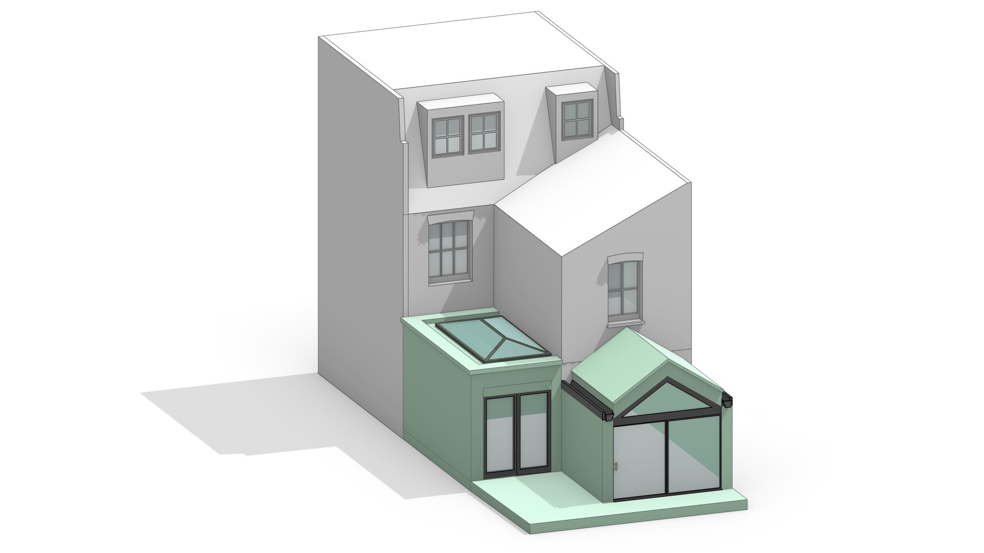 A model of Landford Road: white is the house as it stood, mint is the new work.