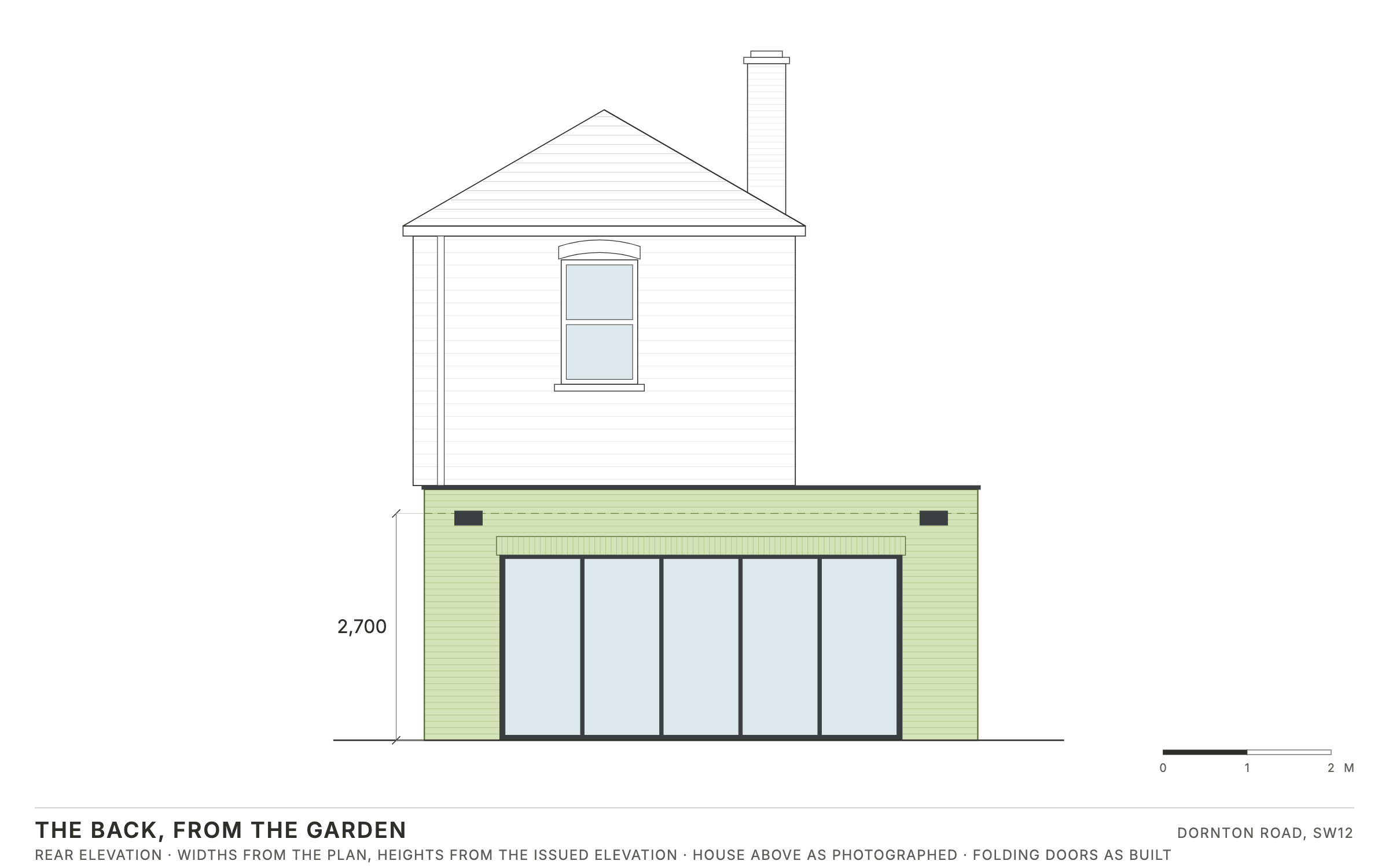The back from the garden. The extension stands 2,700mm to the roof behind a parapet, with five folding door le