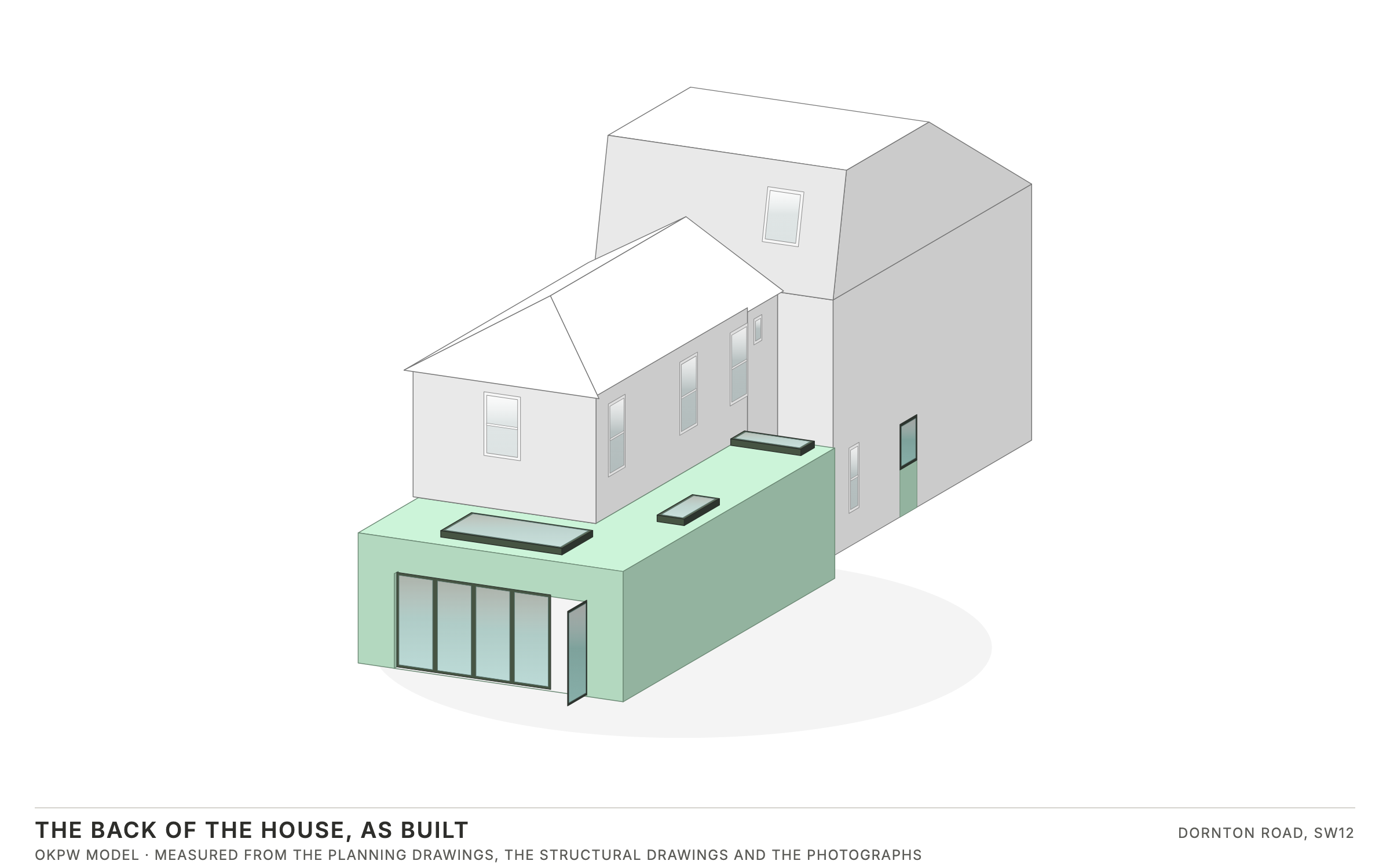 The back of the house as built, as an OKPW model. White is the building that was already there; mint is what w