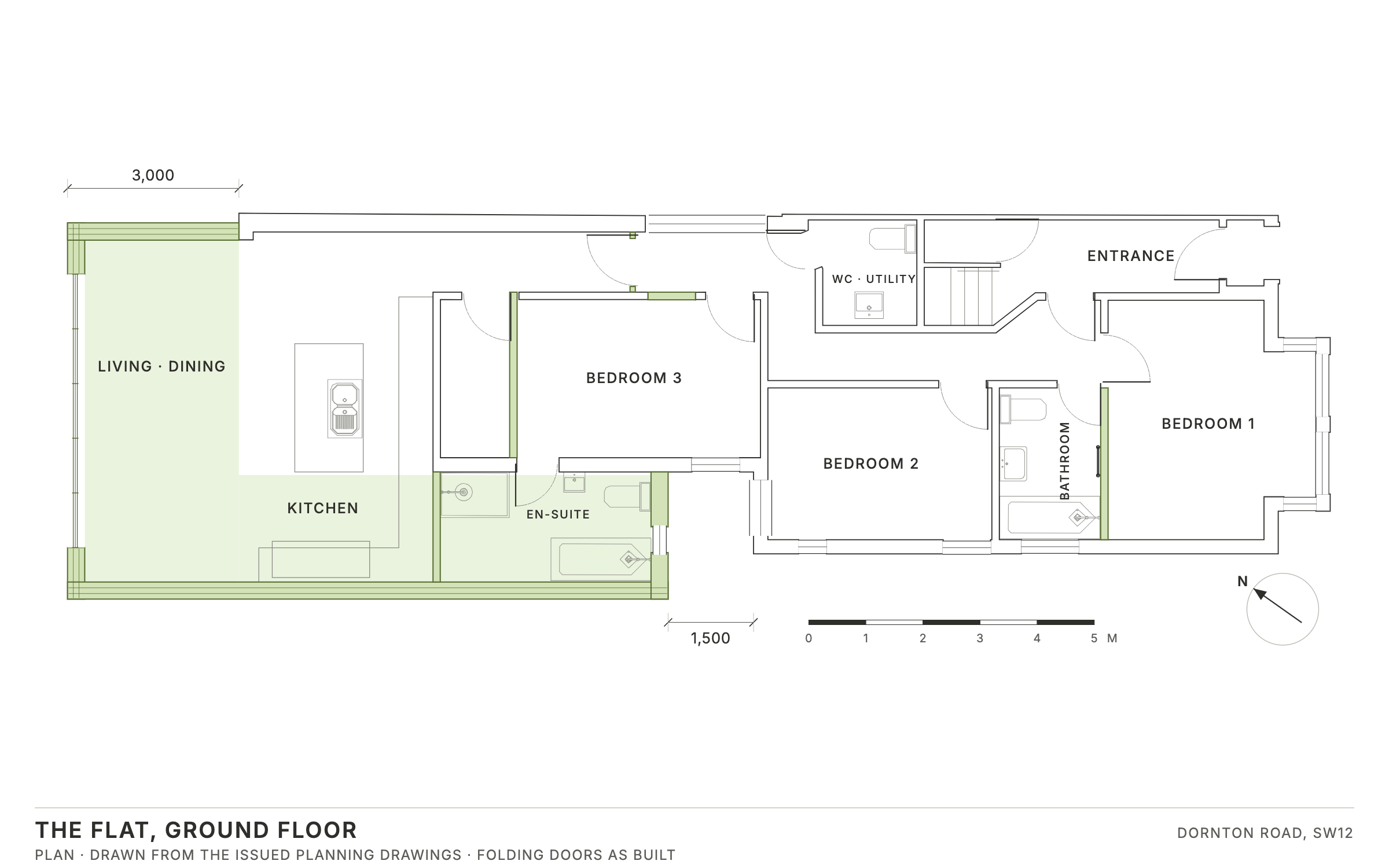 The whole flat at ground floor, drawn to scale from the architect’s planning drawing. The extension and the si