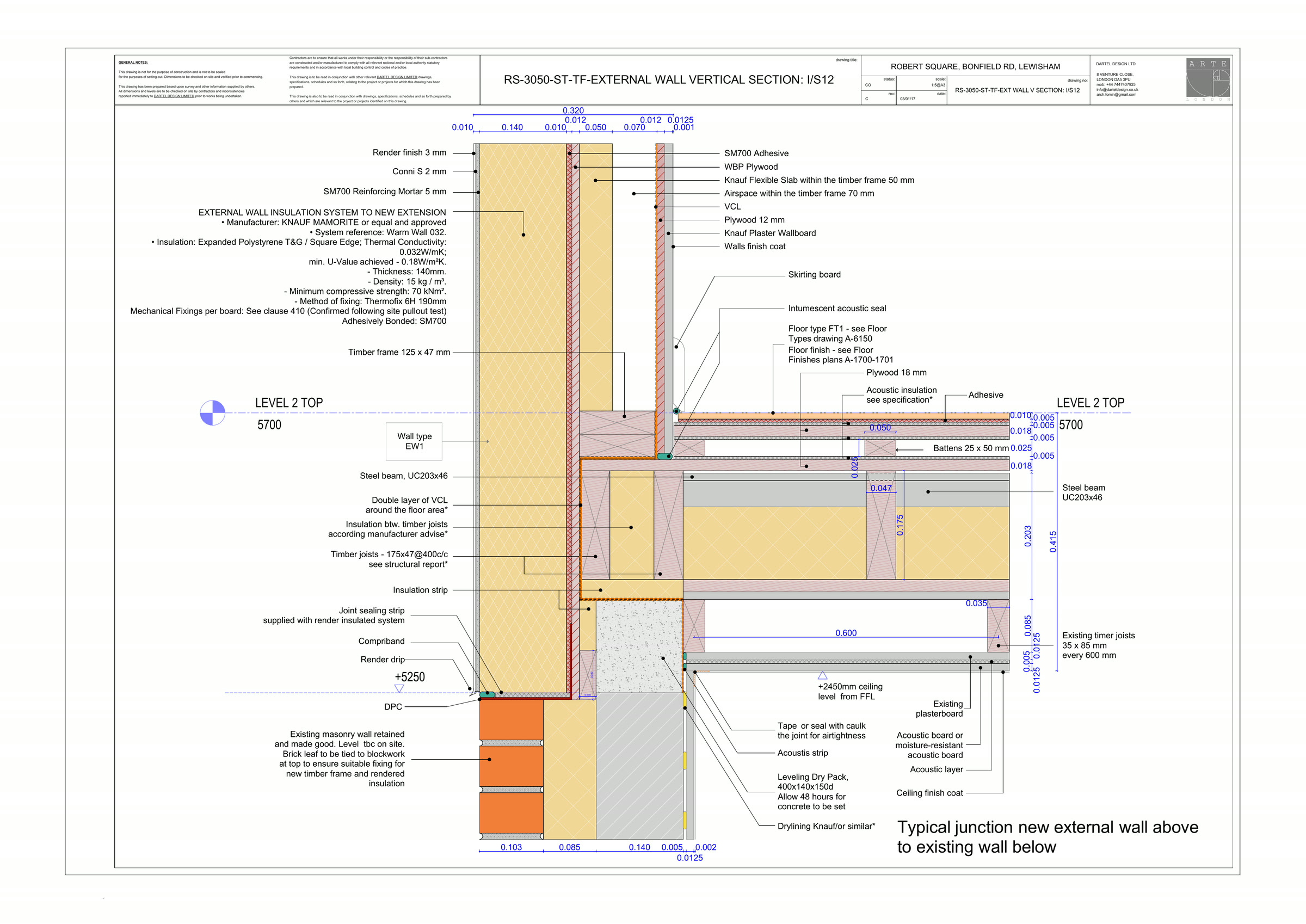 The junction that carries the scheme. New timber frame above, existing masonry below, a UC203×46 between them.