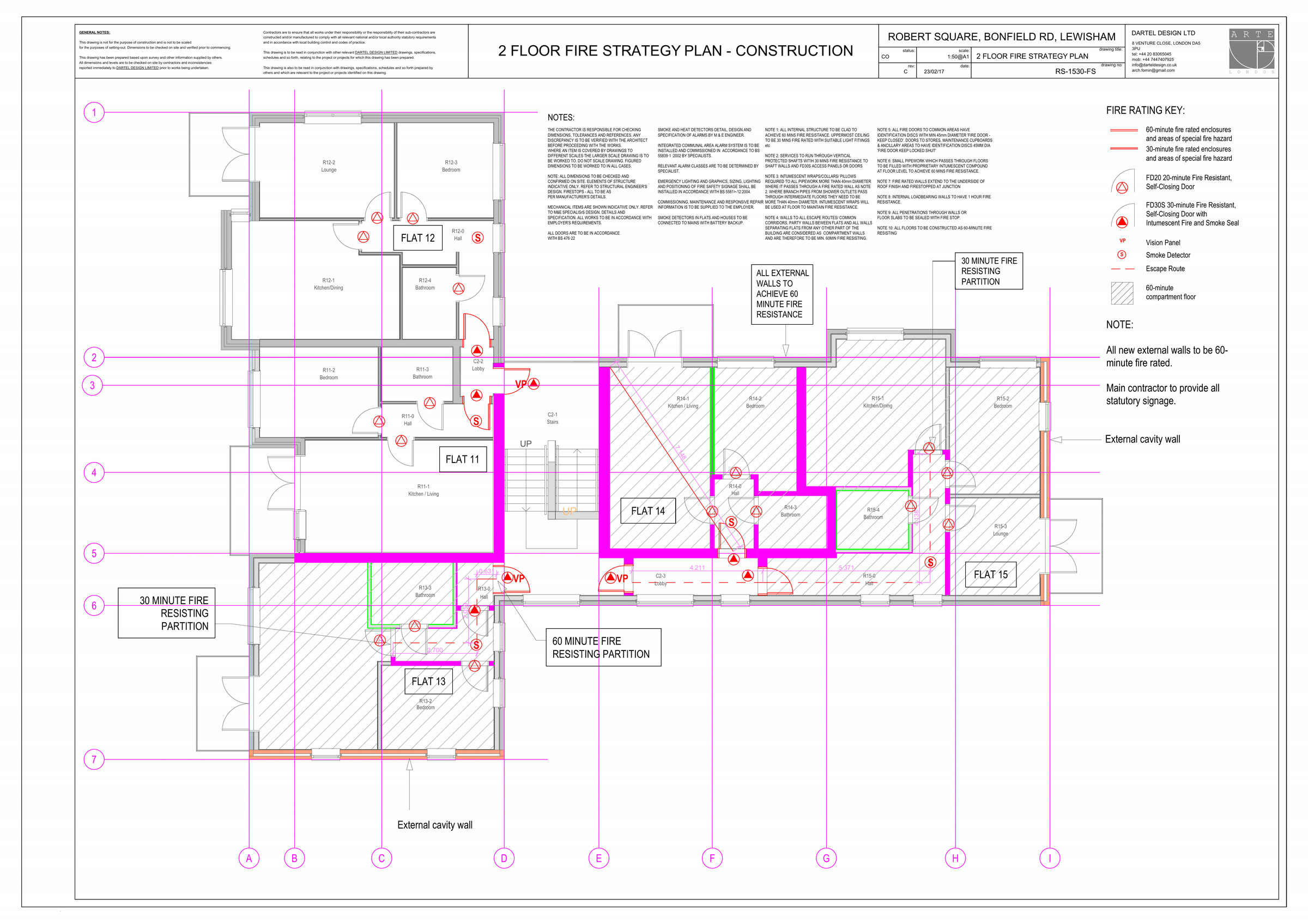 Second floor fire strategy. Sixty-minute compartment floors, escape routes, and detection in halls and lobbies