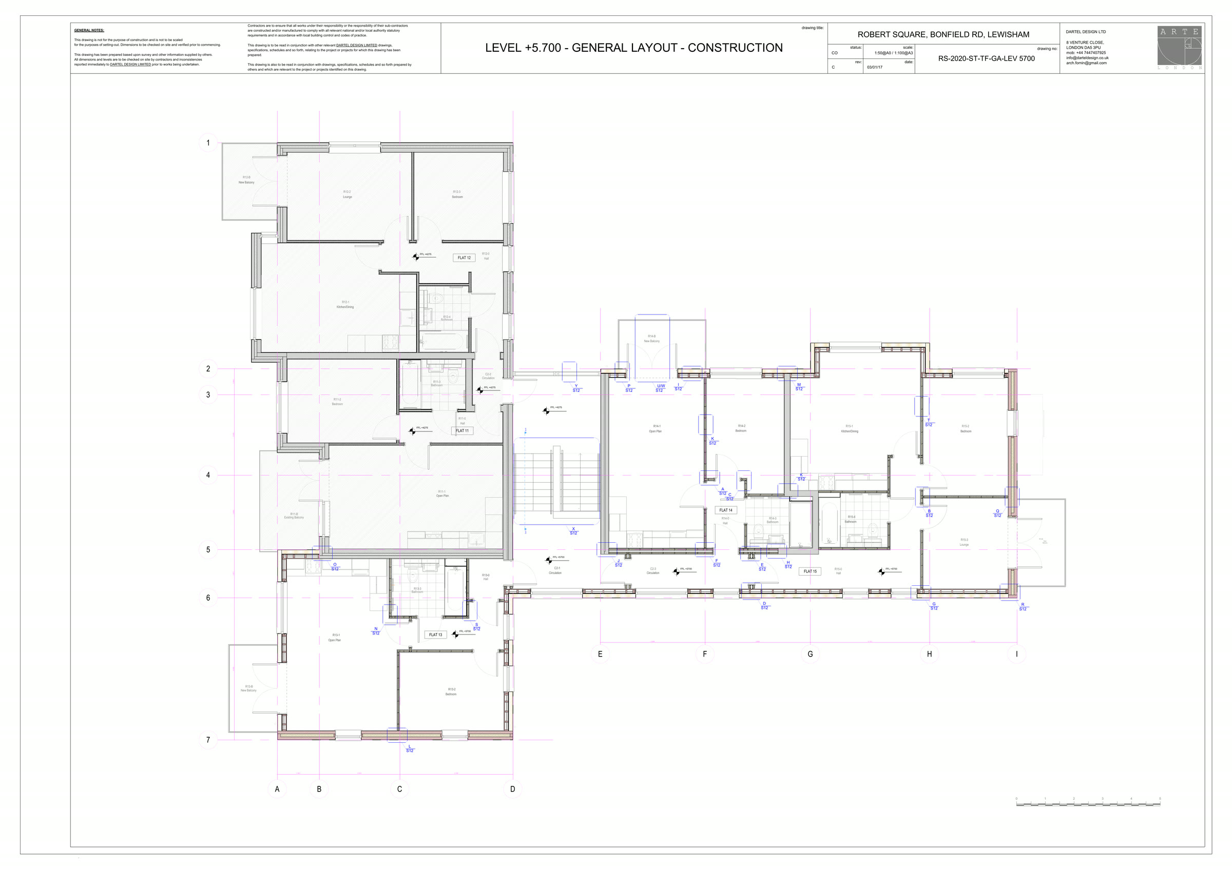 Timber frame layout at level +5700. The setting-out for the new storey.