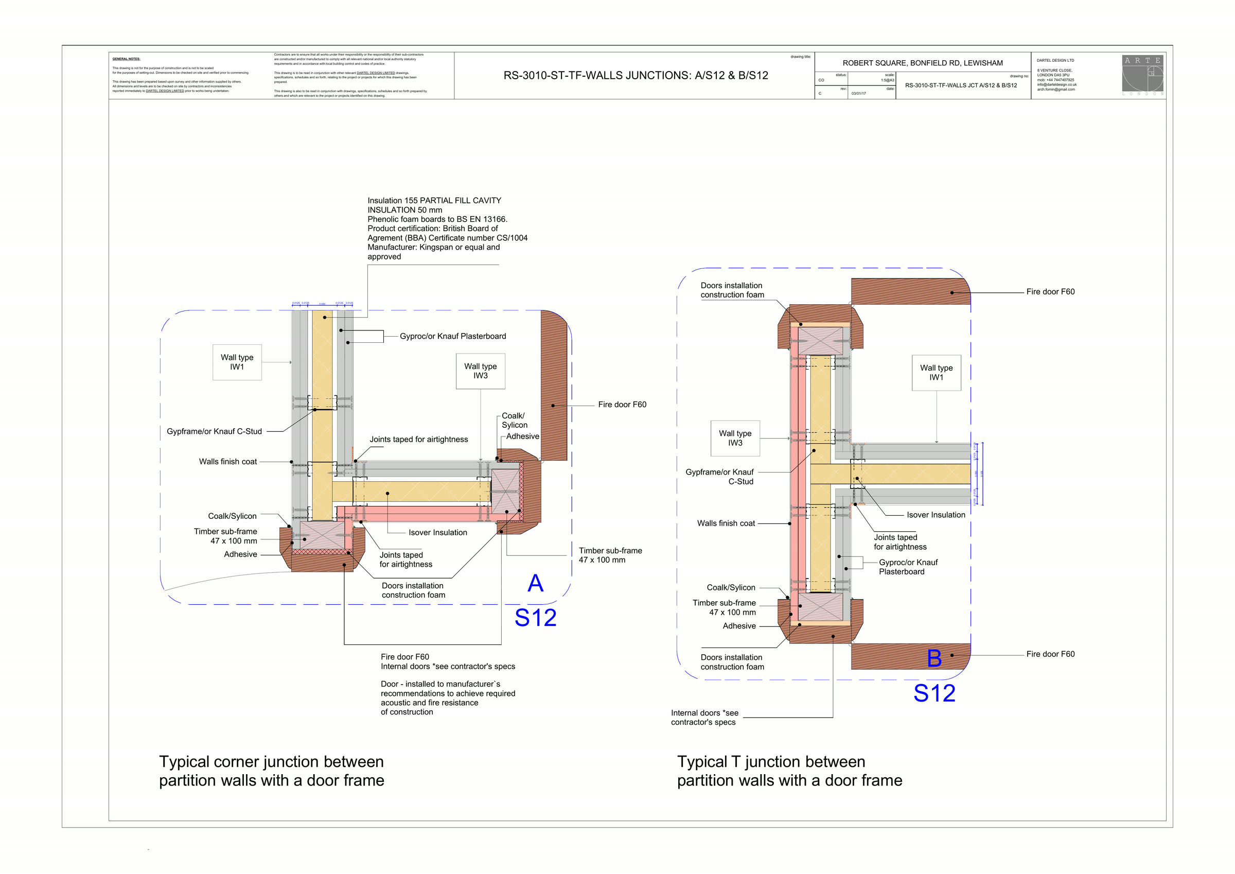 One of around twenty wall junctions drawn at 1:5 for the construction issue. The tender set called these indic