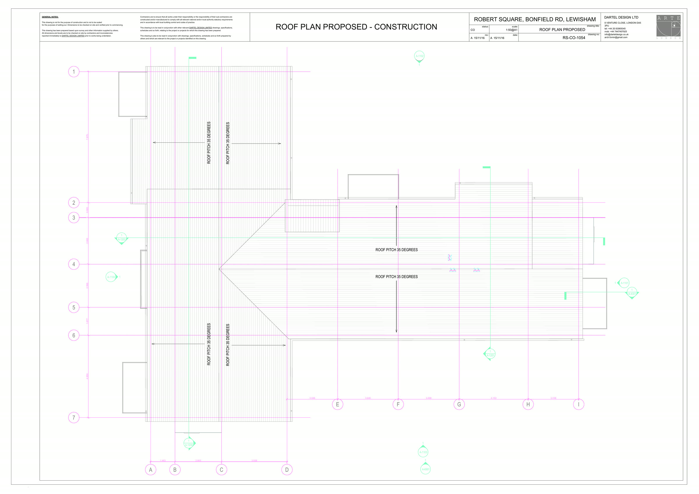 Roof plan. A 35 degree pitch throughout, with the valley where the two planes meet.