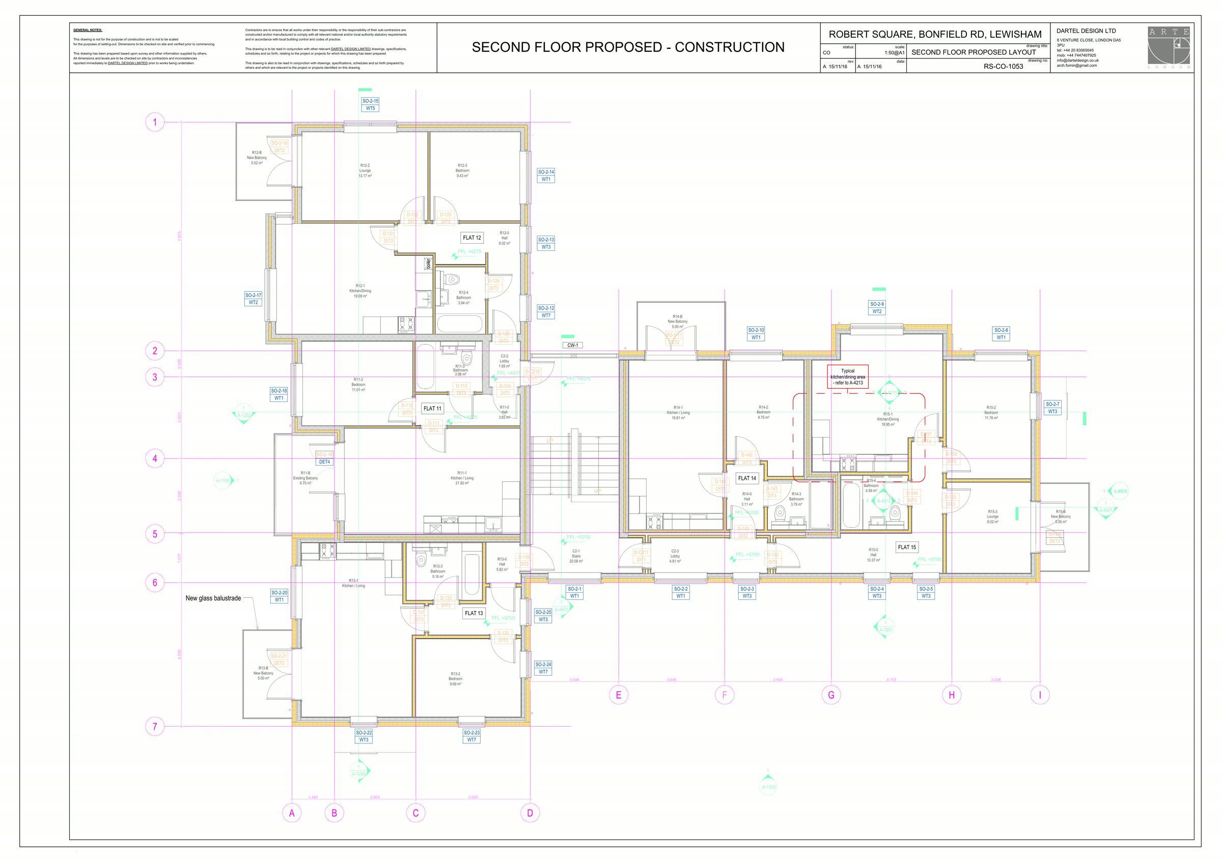 Second floor as built. Flats 11 and 12 sit at FFL +4275, the three new flats 13, 14 and 15 at +5700. That 1,42