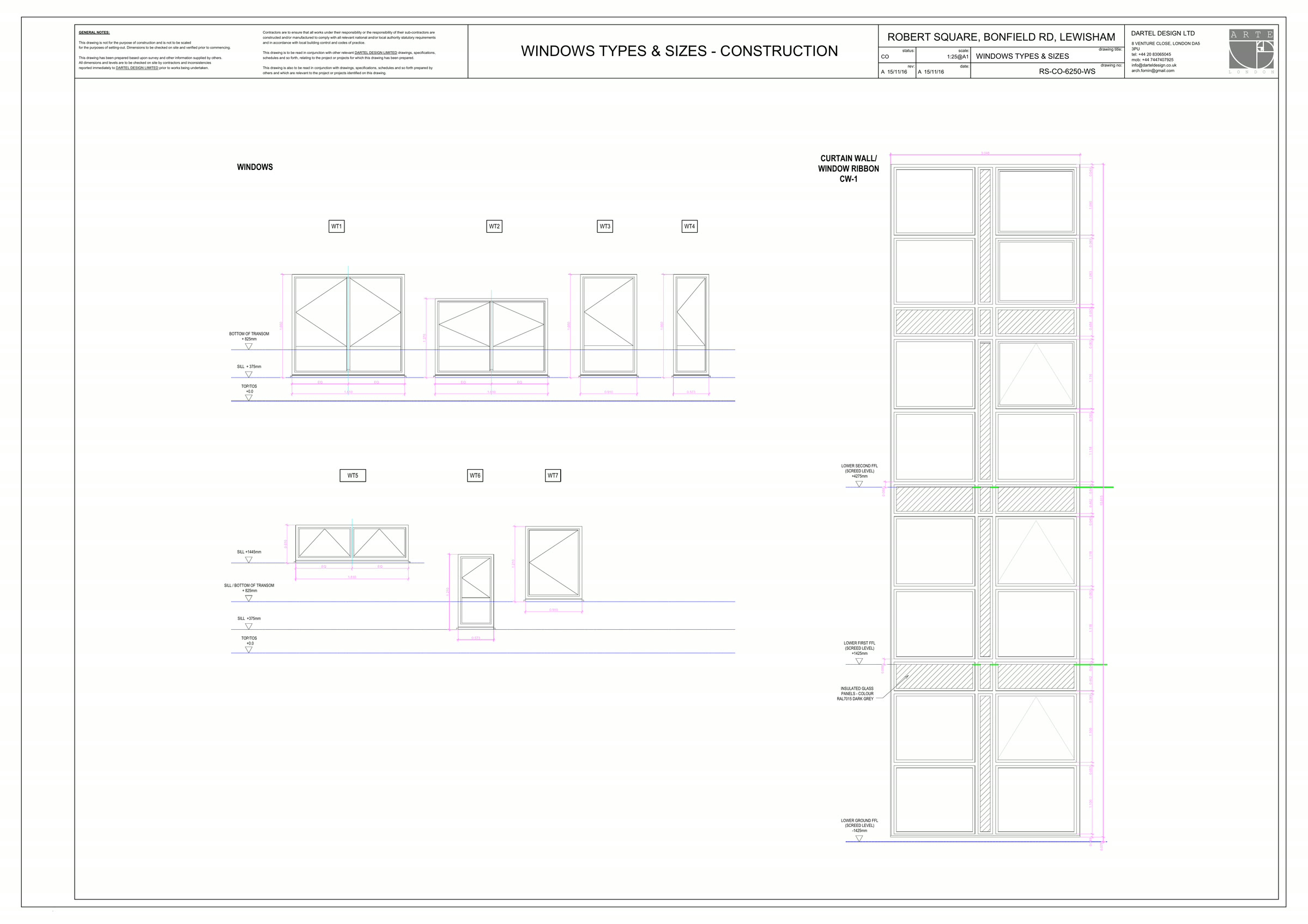Window types and sizes, with curtain wall CW-1 and insulated panels in RAL 7015.