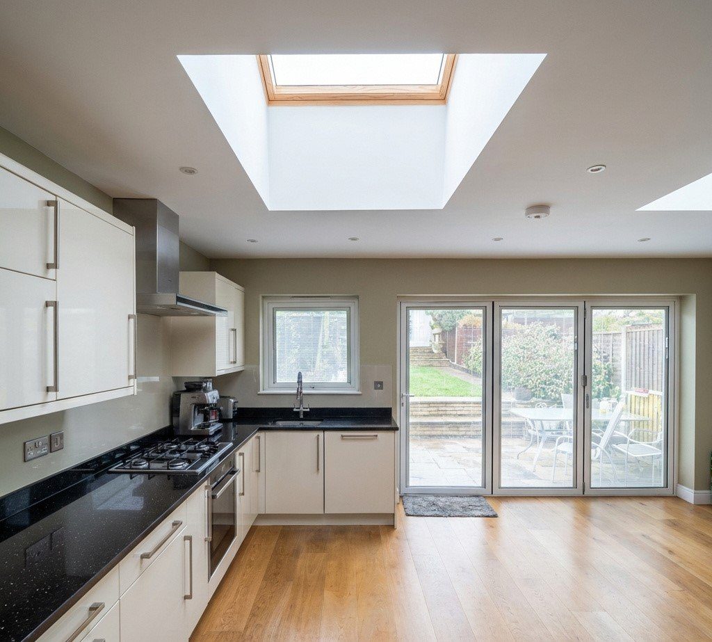 The kitchen, lit by a flat rooflight.