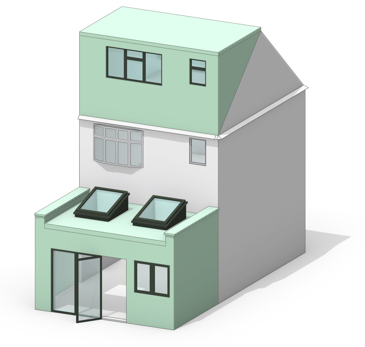 A model of Rougemont Avenue: white is the house as it stood, mint is the new work.