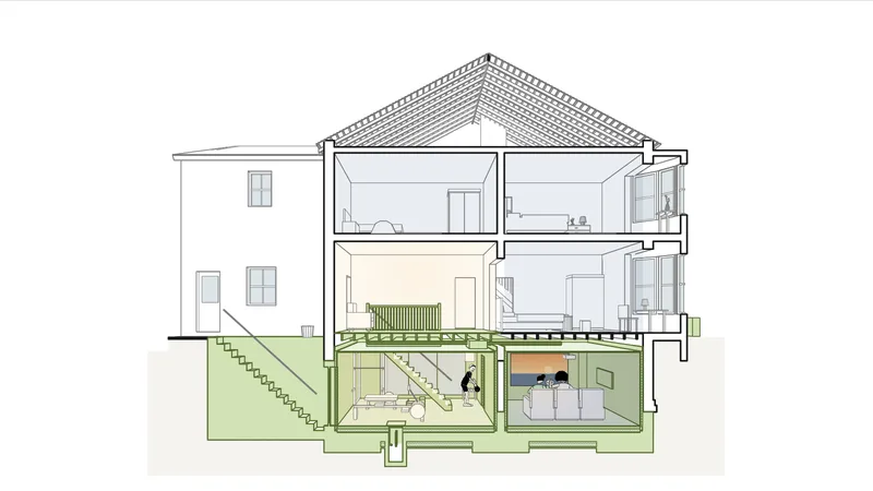 Section through a London terrace house with a new basement on its first evening: two friends watching a film in the cinema under the front of the house, seen from behind in their recliners with a bowl of popcorn between them, and a third swinging a kettlebell in the gym under the back, by the new stair down from the kitchen