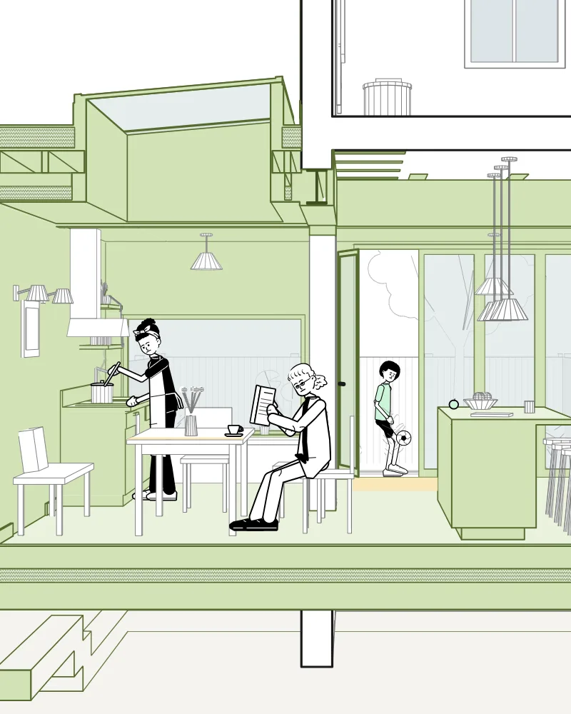 Section through a London terrace with a wraparound kitchen-diner built across its side return and around its back addition: a grandmother reading at the table under the rooflight, a parent cooking at the hob, and the son outside juggling a football on the lawn in the sun