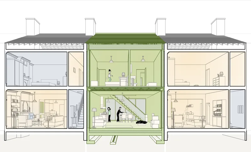 Section through a row of London terrace houses at dusk with a new timber-frame house built in the gap between them, every room lit: a parent making tea, the other unpacking plates at the table, the child bouncing on her bed upstairs, the dog in its bed, and the neighbour washing up next door