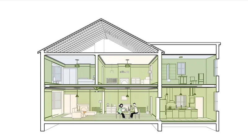 Section through a London terrace house renovated throughout, on its first evening: the lamps on and a fire in the front room's restored fireplace, a young couple at dinner at a small table in the knocked-through dining room, she expecting a baby, and the nursery upstairs finished with its cot and mobile