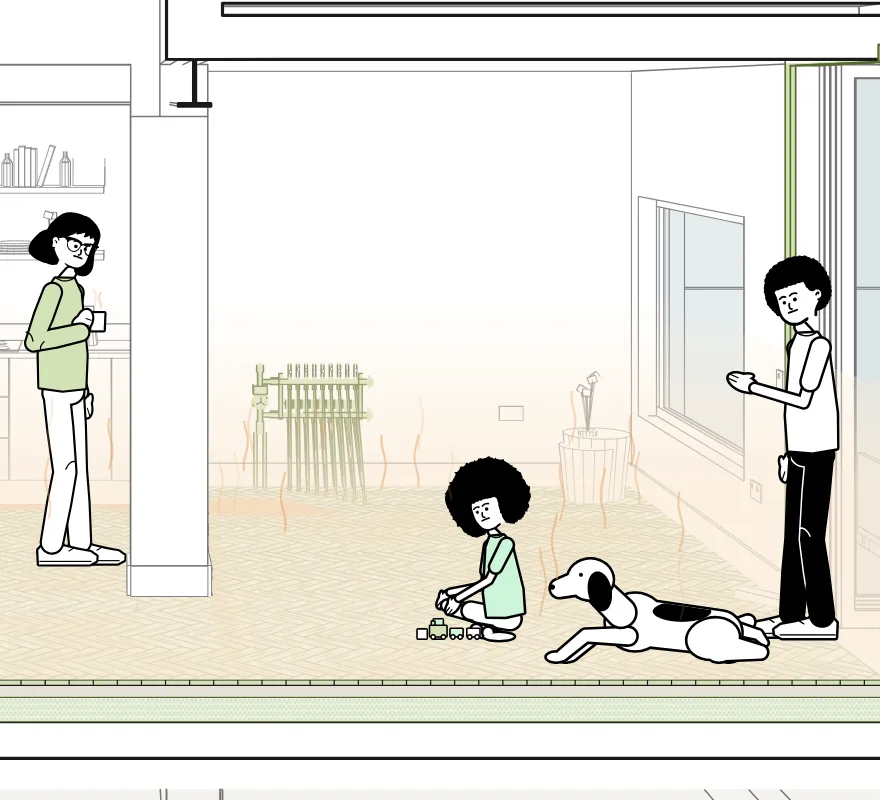 Section through a kitchen-diner in a London terrace: the oak floor laid in herringbone over the heated screed, and the family on it: a parent with tea, the other parent, a child playing with blocks and a dog