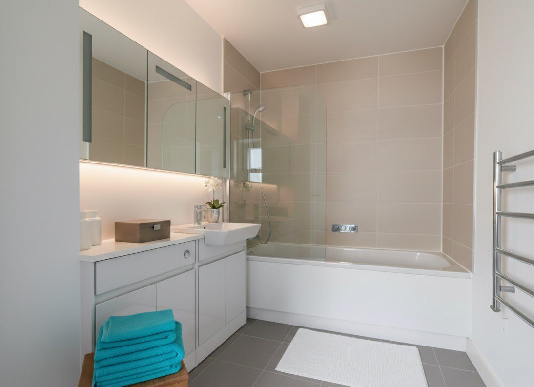 The bathroom, tiled floor to ceiling.