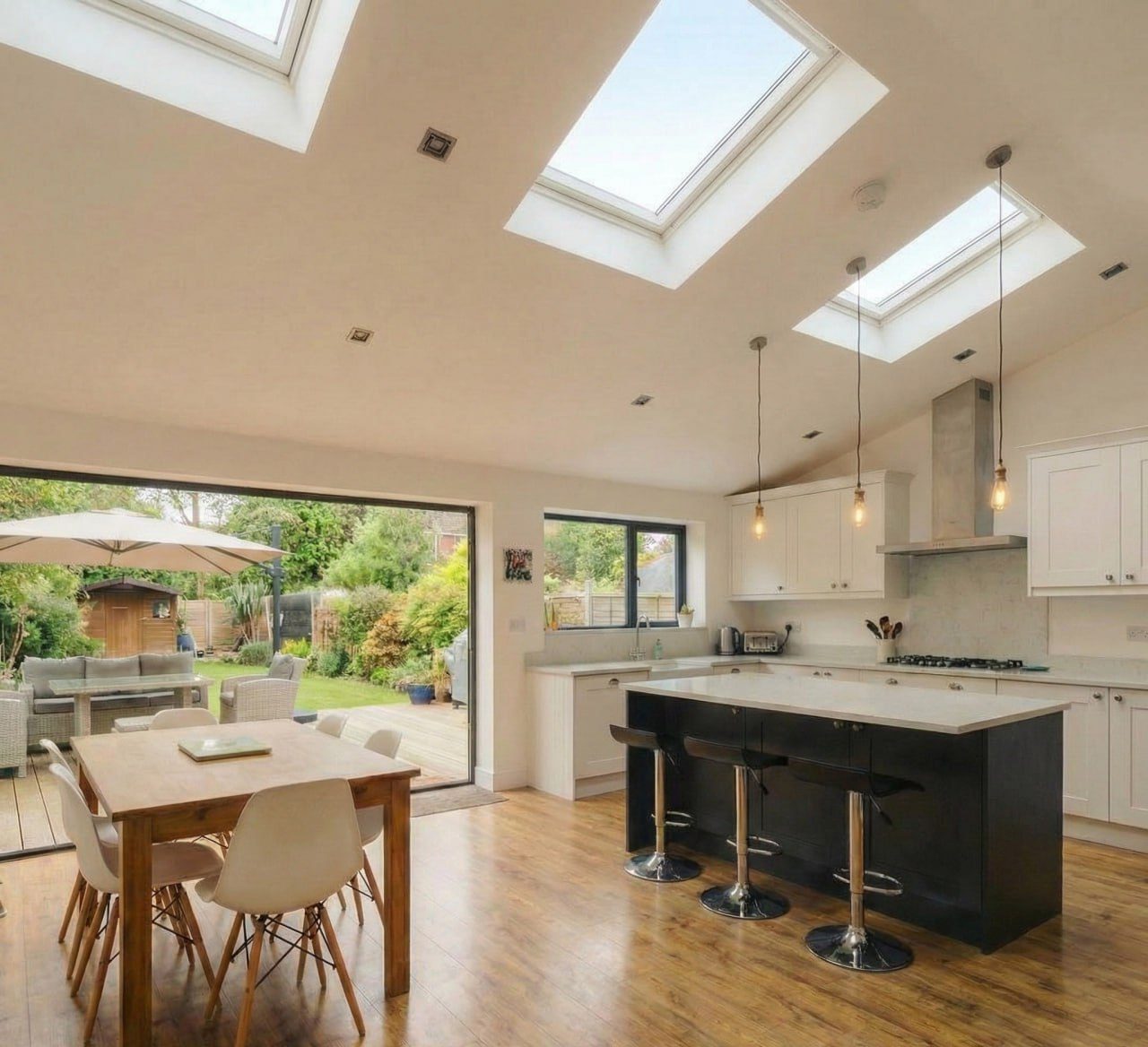 Inside: the vaulted ceiling with its rooflights, and the island beneath.