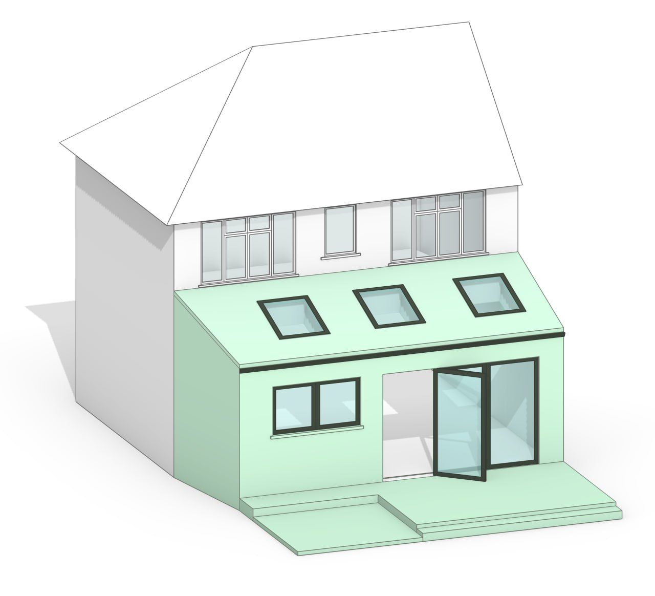 A model of East Sheen Avenue: white is the house as it stood, mint is the new work.