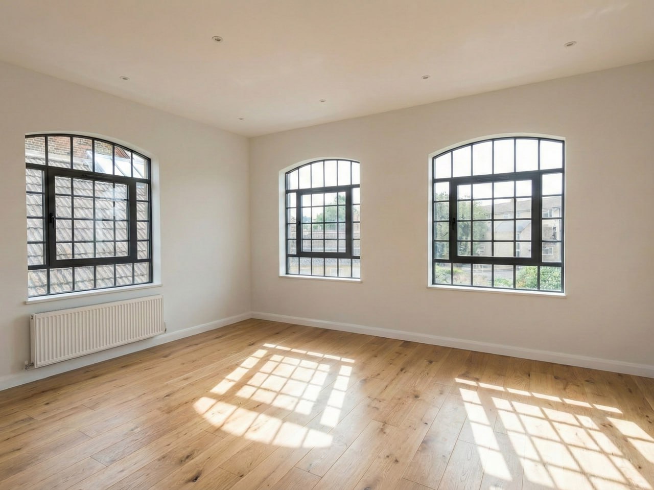 A finished room, with the arched windows kept.