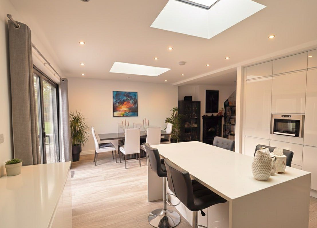 The new room, with the rooflight over the dining table.