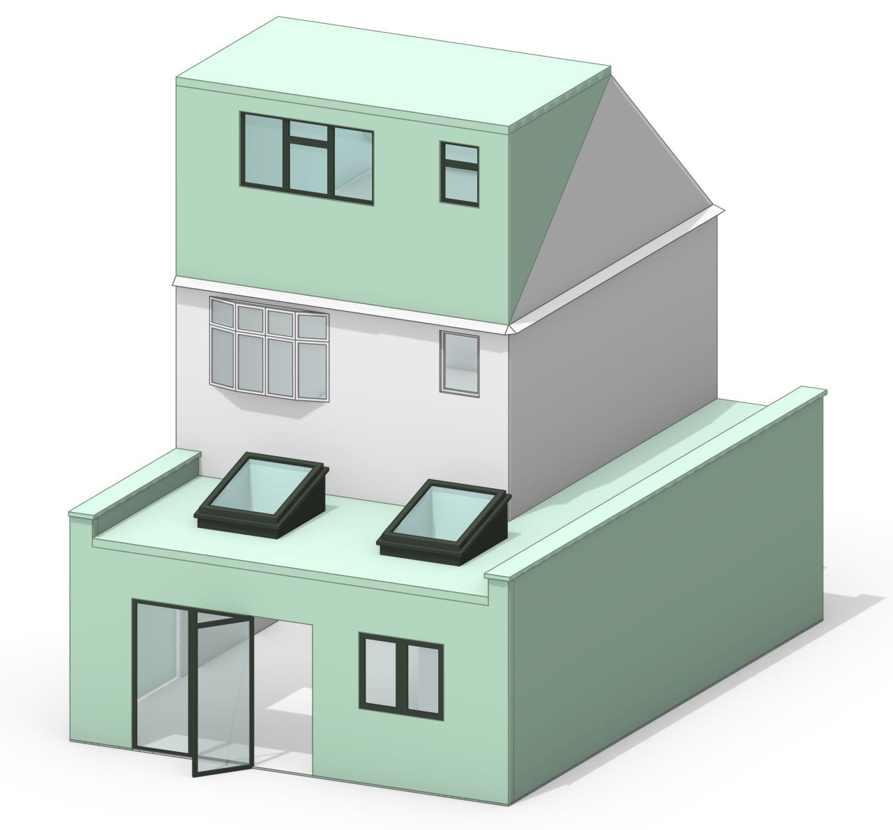 A model of Sutton Common Road: white is the house as it stood, mint is the new work.
